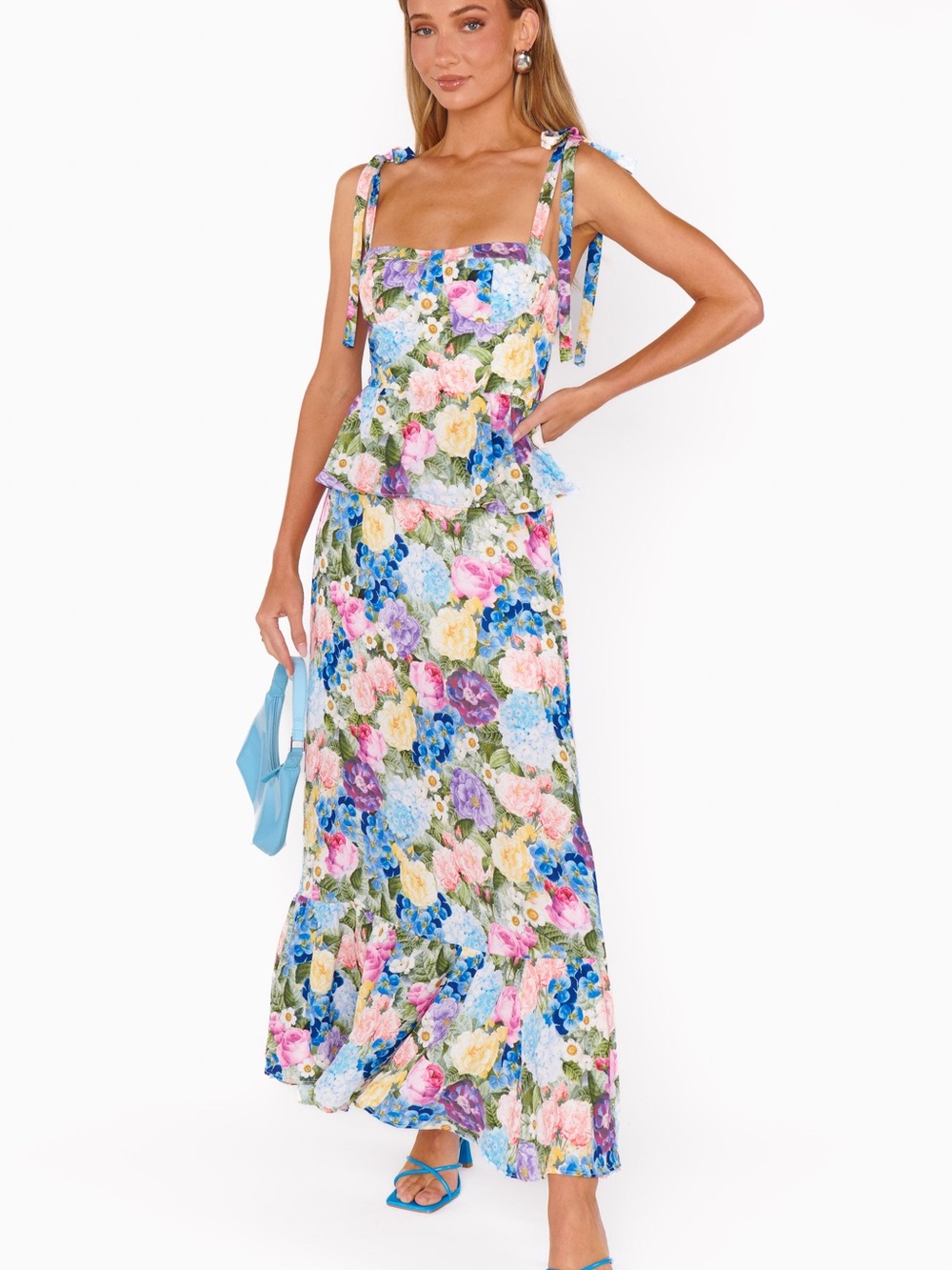 Show Me Your MuMu Paxton Floral Tie-Strap Maxi Dress in Blue, Pink, Yellow